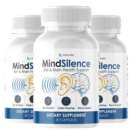 MindSilence natural tinnitus relief supplement for ear ringing — 3 bottle supply